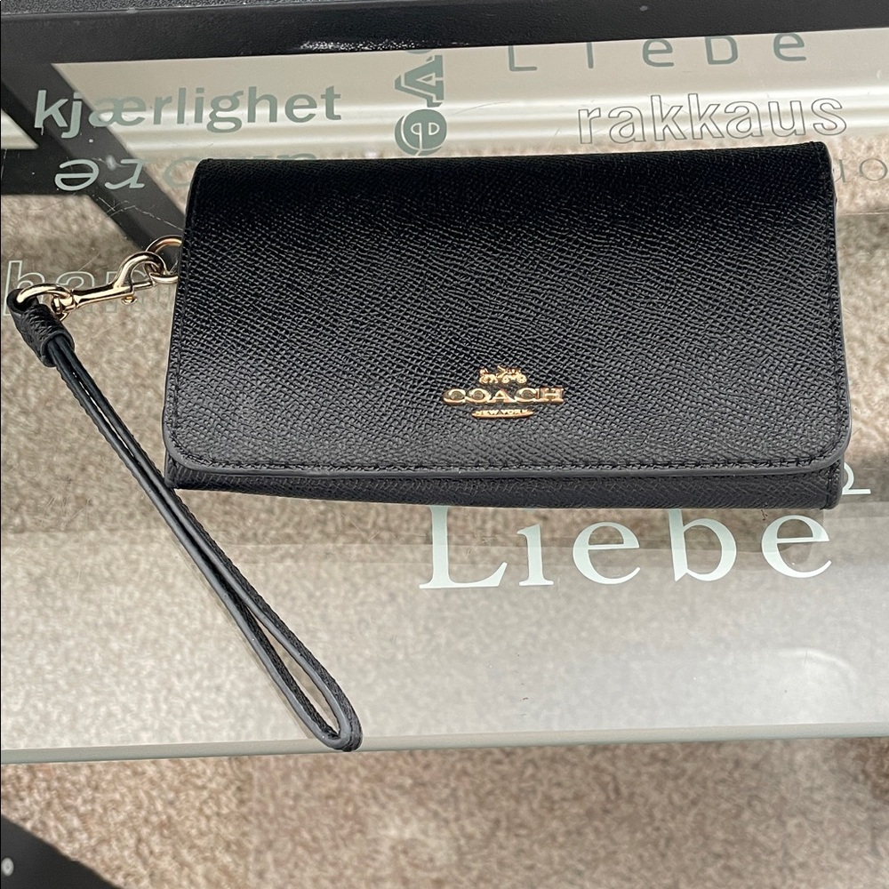 Coach Black Pebbled Leather Wristlet with Gold Accents